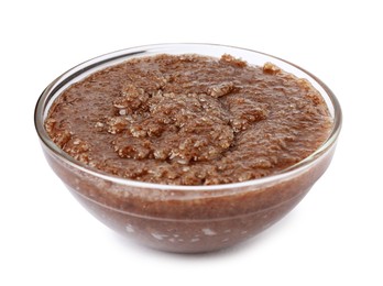 Photo of Natural body scrub in glass bowl isolated on white