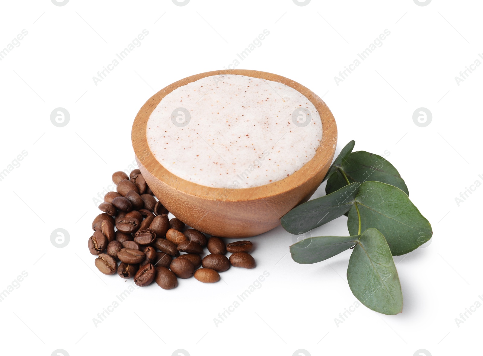 Natural body scrub in bowl, coffee beans and eucalyptus branch isolated on white Photo of Natural body scrub in bowl, coffee beans and eucalyptus branch isolated on white
