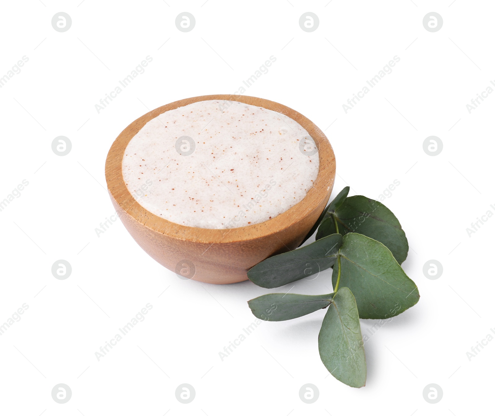 Natural body scrub in bowl and eucalyptus branch isolated on white Photo of Natural body scrub in bowl and eucalyptus branch isolated on white