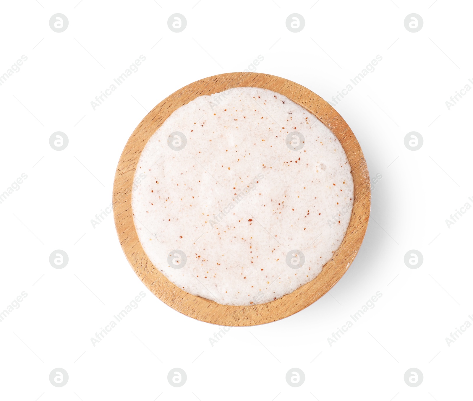 Natural body scrub in bowl isolated on white, top view Photo of Natural body scrub in bowl isolated on white, top view