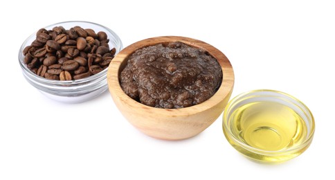Photo of Natural body scrub, coffee beans and oil isolated on white
