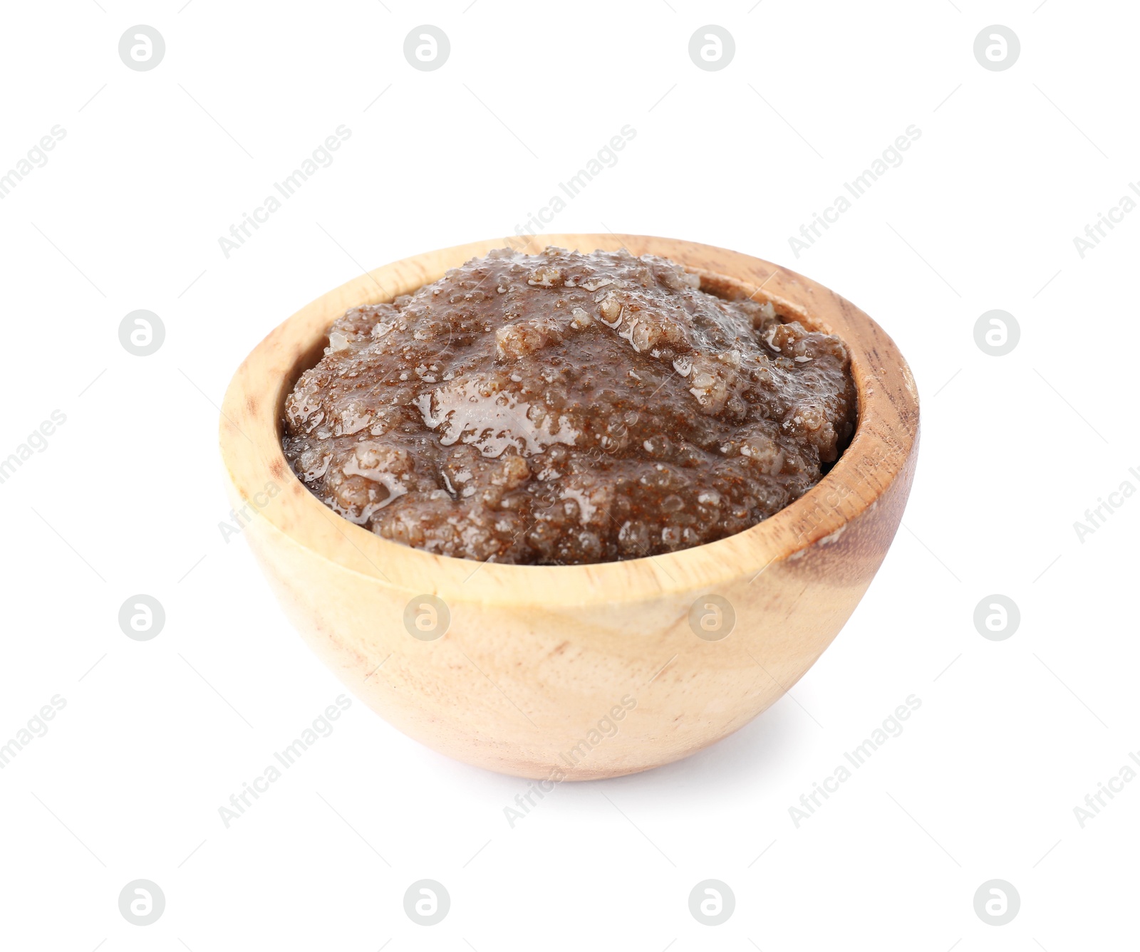 Natural body scrub in wooden bowl isolated on white Photo of Natural body scrub in wooden bowl isolated on white