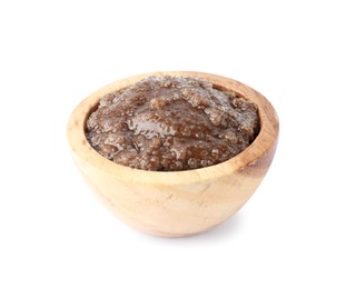 Photo of Natural body scrub in wooden bowl isolated on white