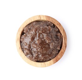 Photo of Natural body scrub in wooden bowl isolated on white, top view