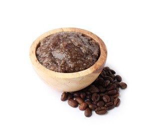 Photo of Natural body scrub in wooden bowl and coffee beans isolated on white