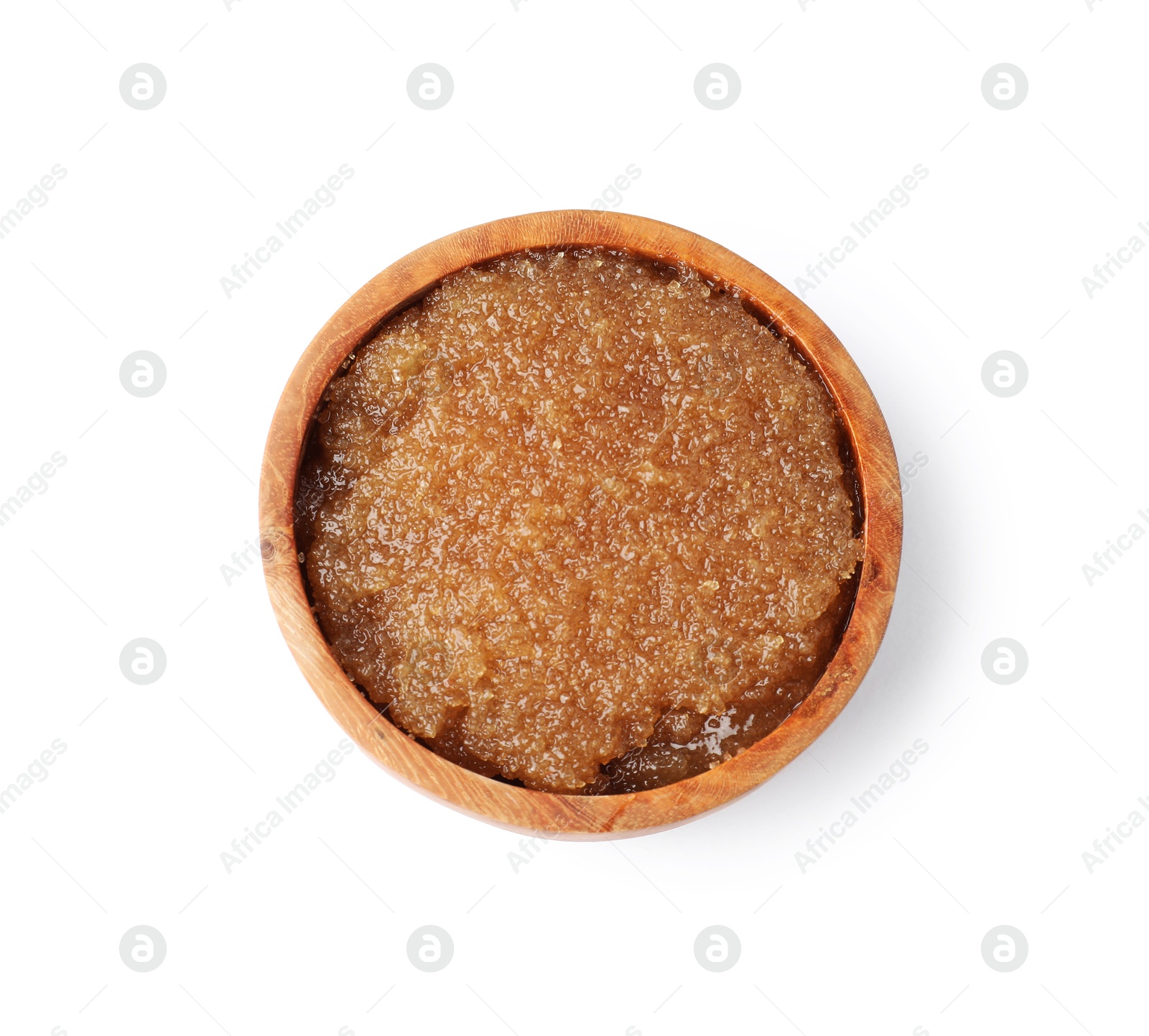 Natural body scrub in wooden bowl isolated on white, top view Photo of Natural body scrub in wooden bowl isolated on white, top view