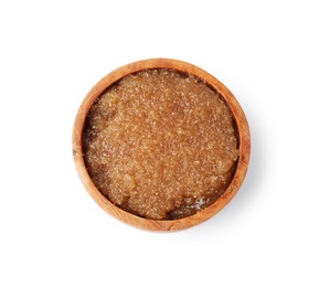 Photo of Natural body scrub in wooden bowl isolated on white, top view