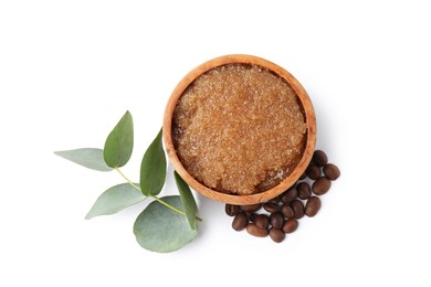 Photo of Natural body scrub in wooden bowl, coffee beans and eucalyptus branch isolated on white, top view