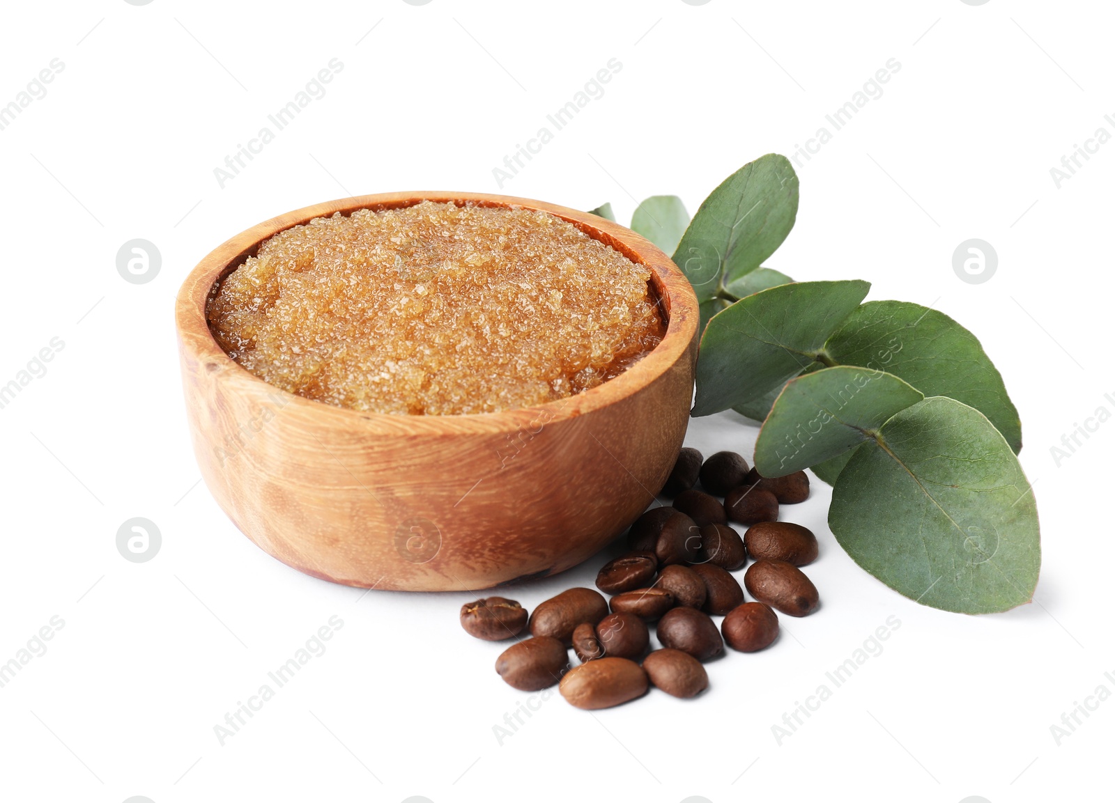Natural body scrub in wooden bowl, coffee beans and eucalyptus branch isolated on white Photo of Natural body scrub in wooden bowl, coffee beans and eucalyptus branch isolated on white