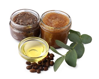 Photo of Natural body scrubs in glass jars, coffee beans, oil and eucalyptus branch isolated on white