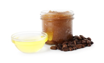 Photo of Natural body scrub in glass jar, coffee beans and oil isolated on white