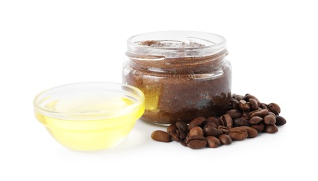 Photo of Natural body scrub in glass jar, coffee beans and oil isolated on white