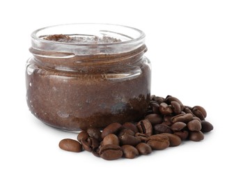 Photo of Natural body scrub in glass jar and coffee beans isolated on white