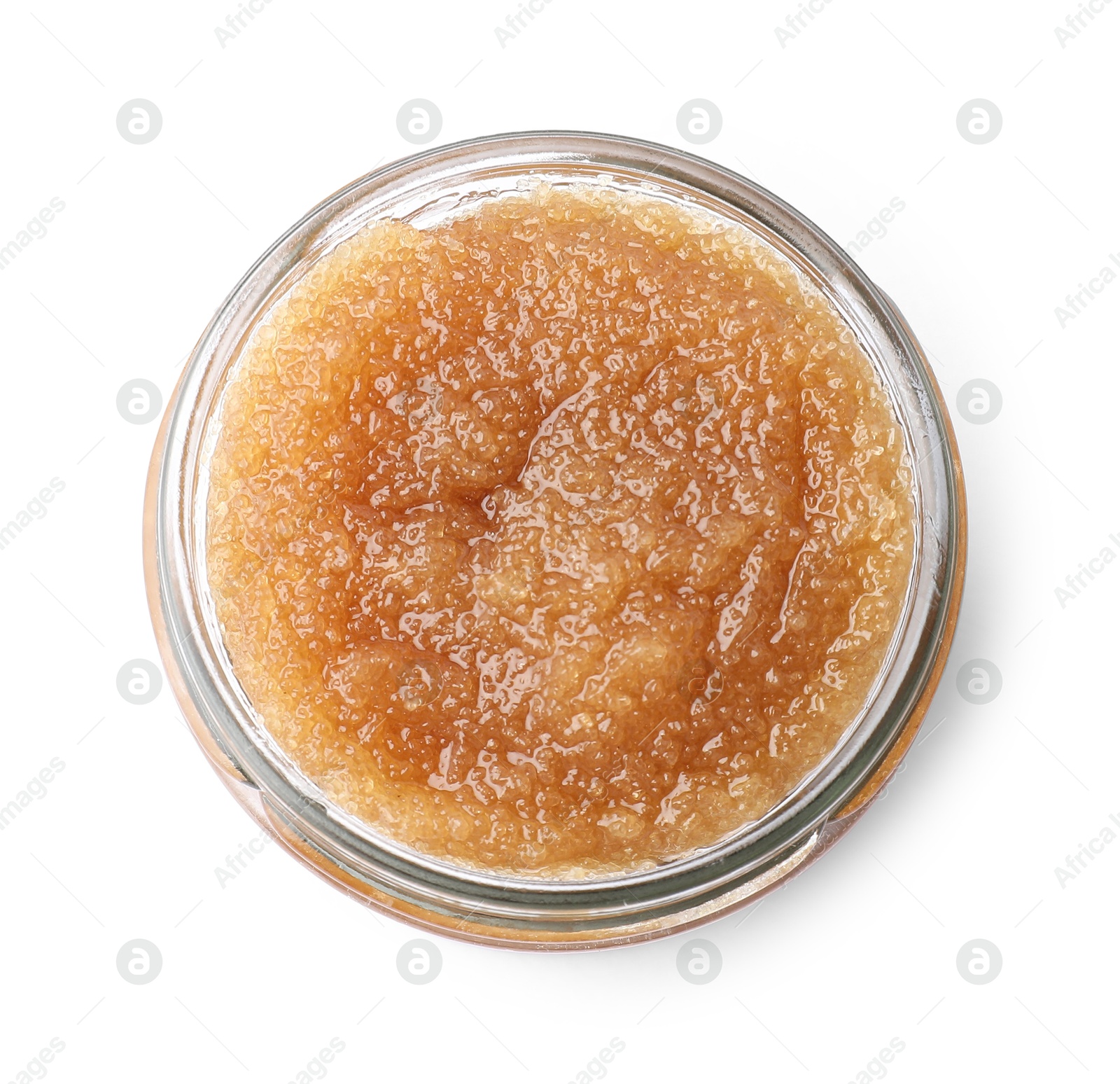 Photo of Natural body scrub in glass jar isolated on white, top view
