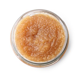 Photo of Natural body scrub in glass jar isolated on white, top view
