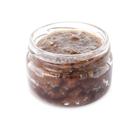 Photo of Natural body scrub in glass jar isolated on white