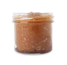 Photo of Natural body scrub in glass jar isolated on white