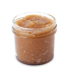 Photo of Natural body scrub in glass jar isolated on white