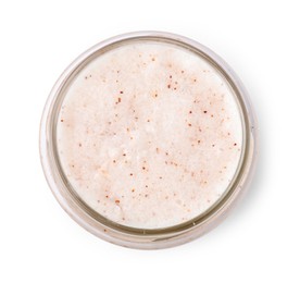 Photo of Natural body scrub in glass jar isolated on white, top view