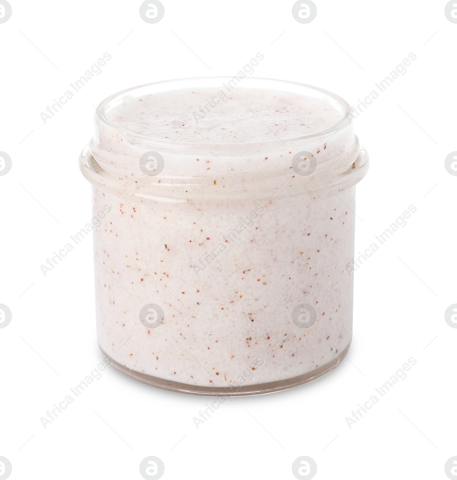 Natural body scrub in glass jar isolated on white Photo of Natural body scrub in glass jar isolated on white