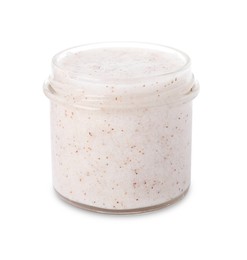 Photo of Natural body scrub in glass jar isolated on white