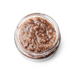 Photo of Natural body scrub in glass jar isolated on white, above view