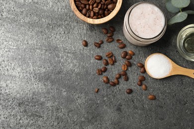 Photo of Natural body scrub in glass jar and ingredients on grey table, flat lay. Space for text