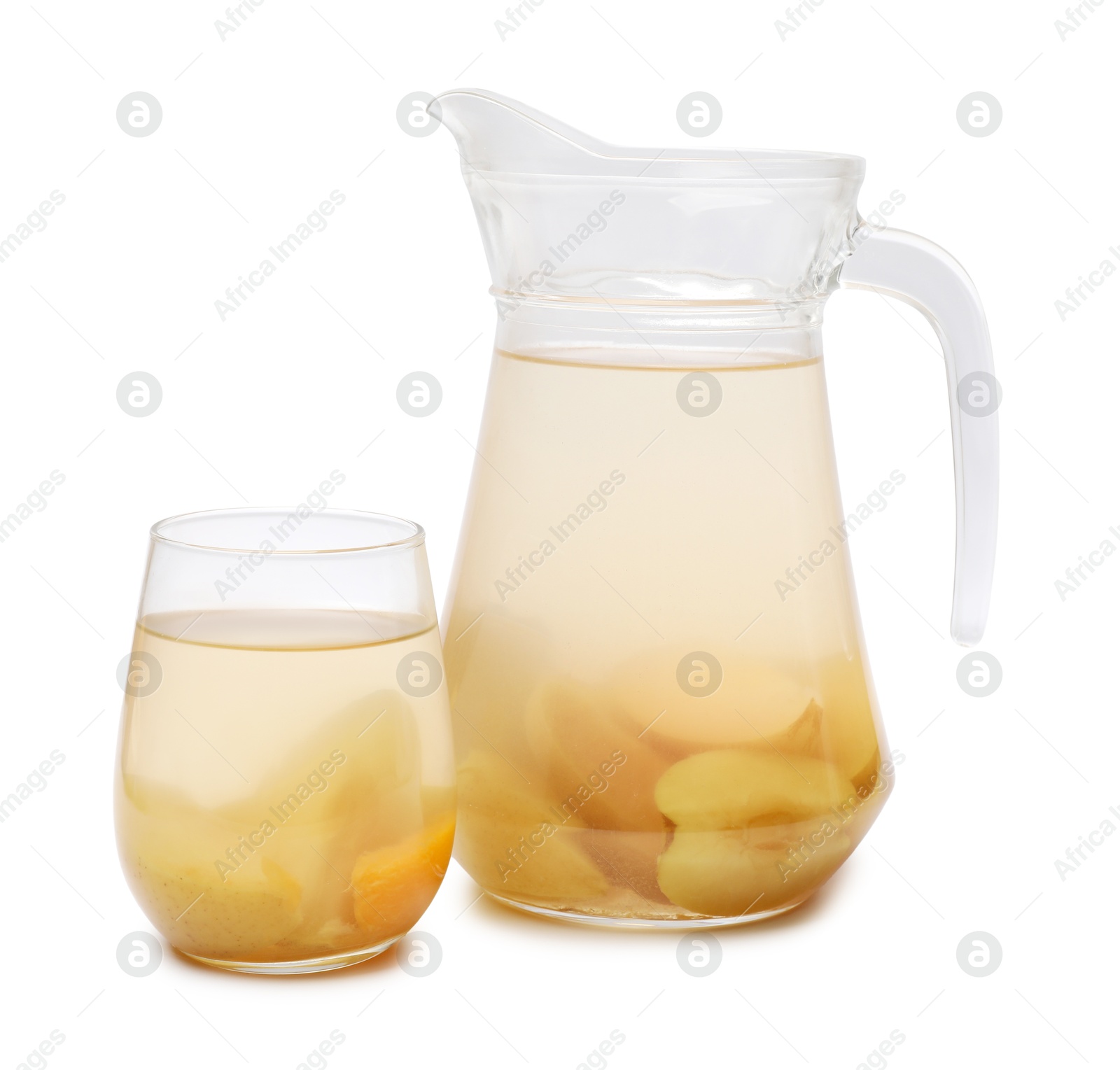 Photo of Tasty compot with fruits in glass and jug isolated on white