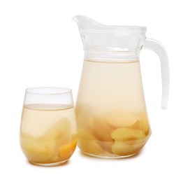 Photo of Tasty compot with fruits in glass and jug isolated on white
