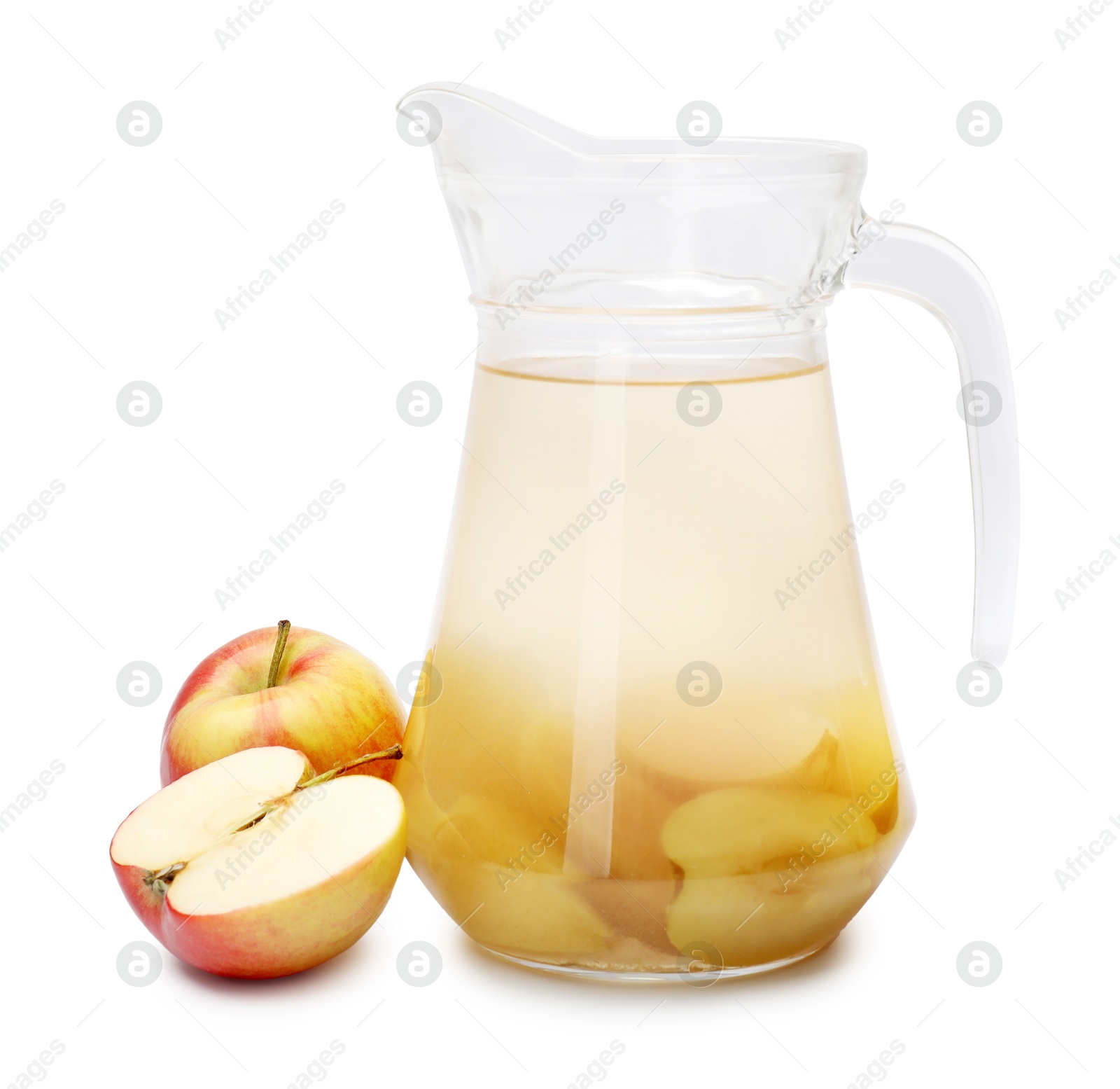 Photo of Tasty compot in glass jug and fresh apples isolated on white