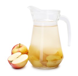 Photo of Tasty compot in glass jug and fresh apples isolated on white