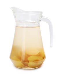 Photo of Tasty compot with fruits in glass jug isolated on white