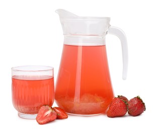 Photo of Tasty compot in glass, jug and fresh strawberries isolated on white
