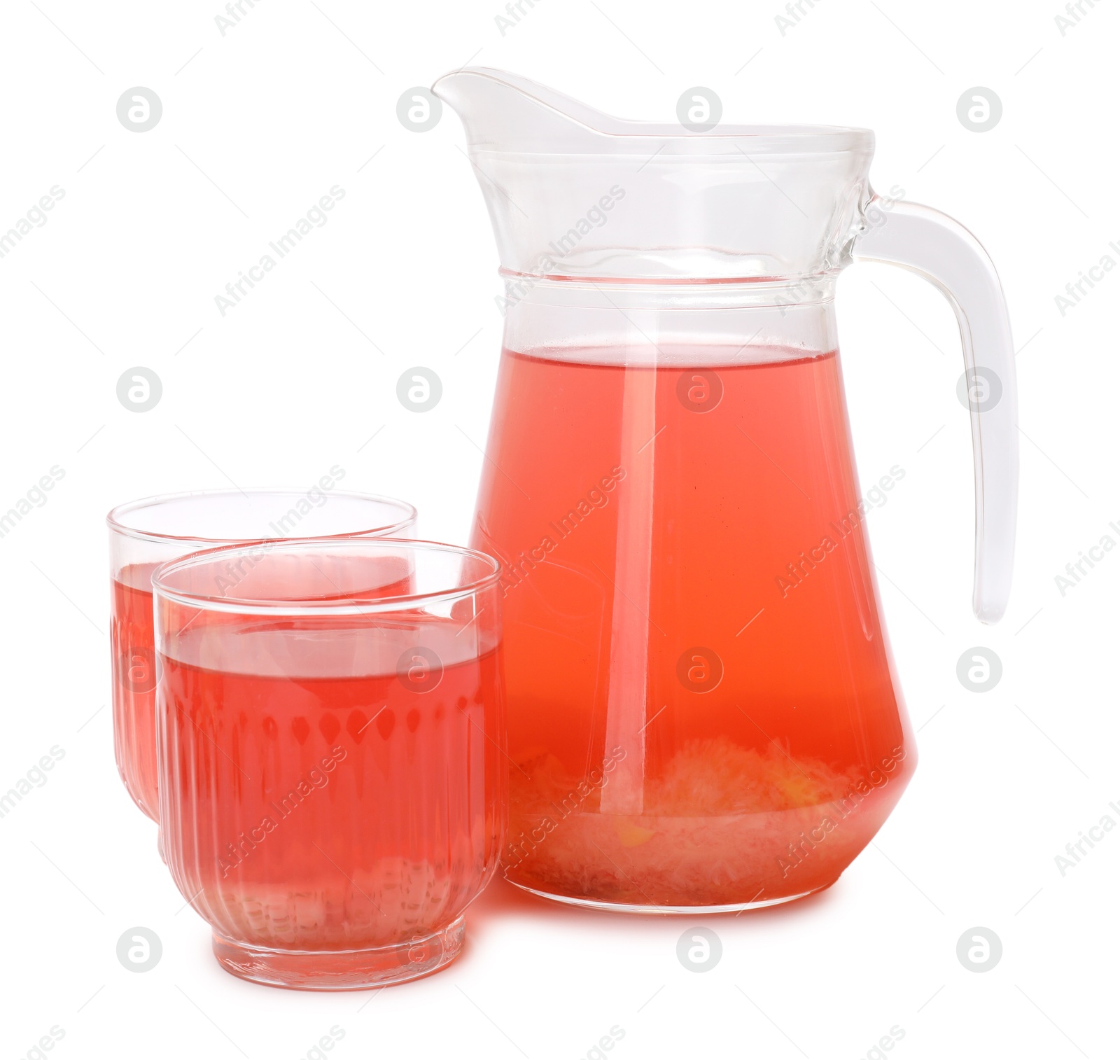 Photo of Tasty compot in glasses and jug isolated on white