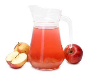 Photo of Tasty compot in glass jug and fresh apples isolated on white