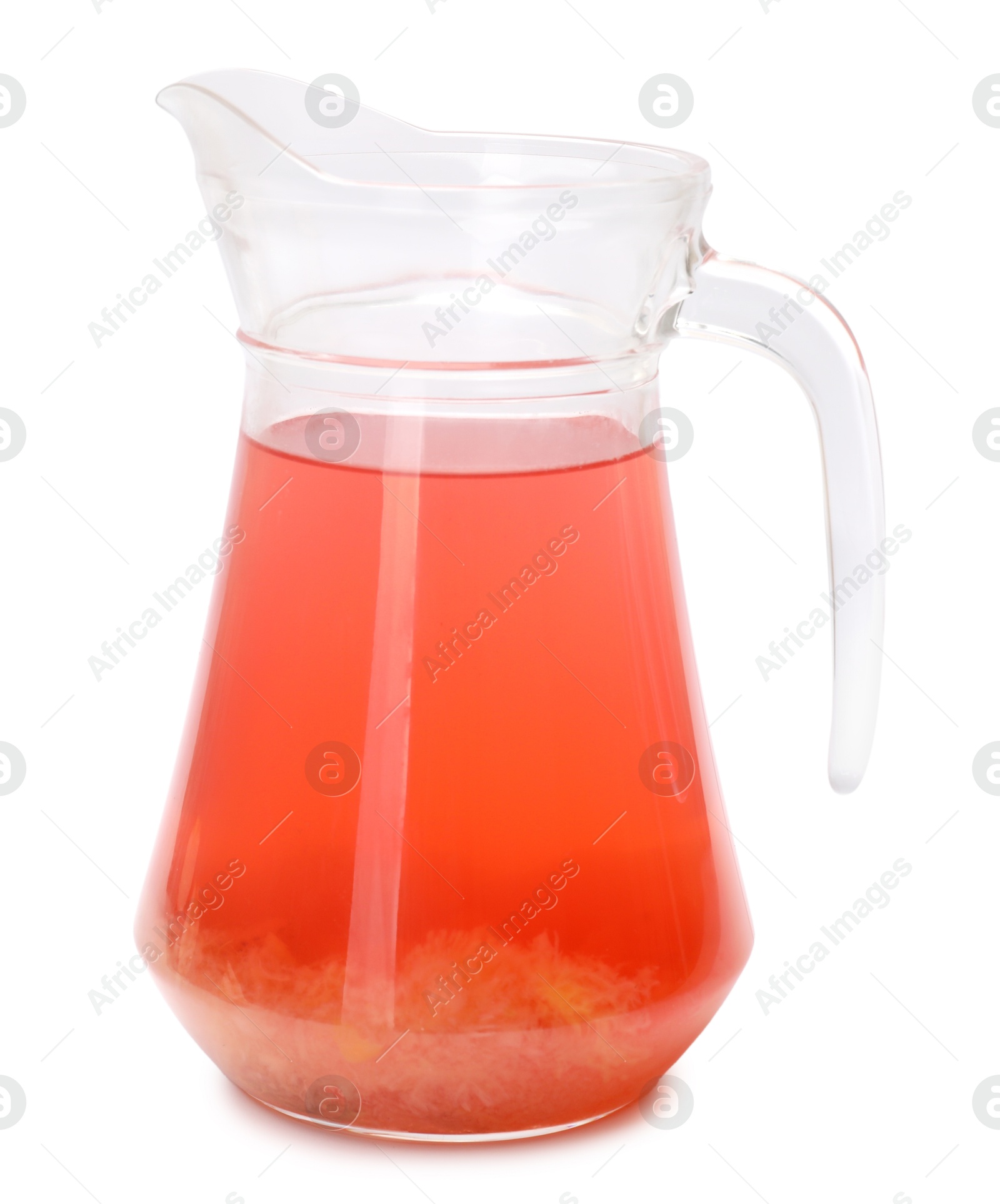 Photo of Tasty compot in glass jug isolated on white