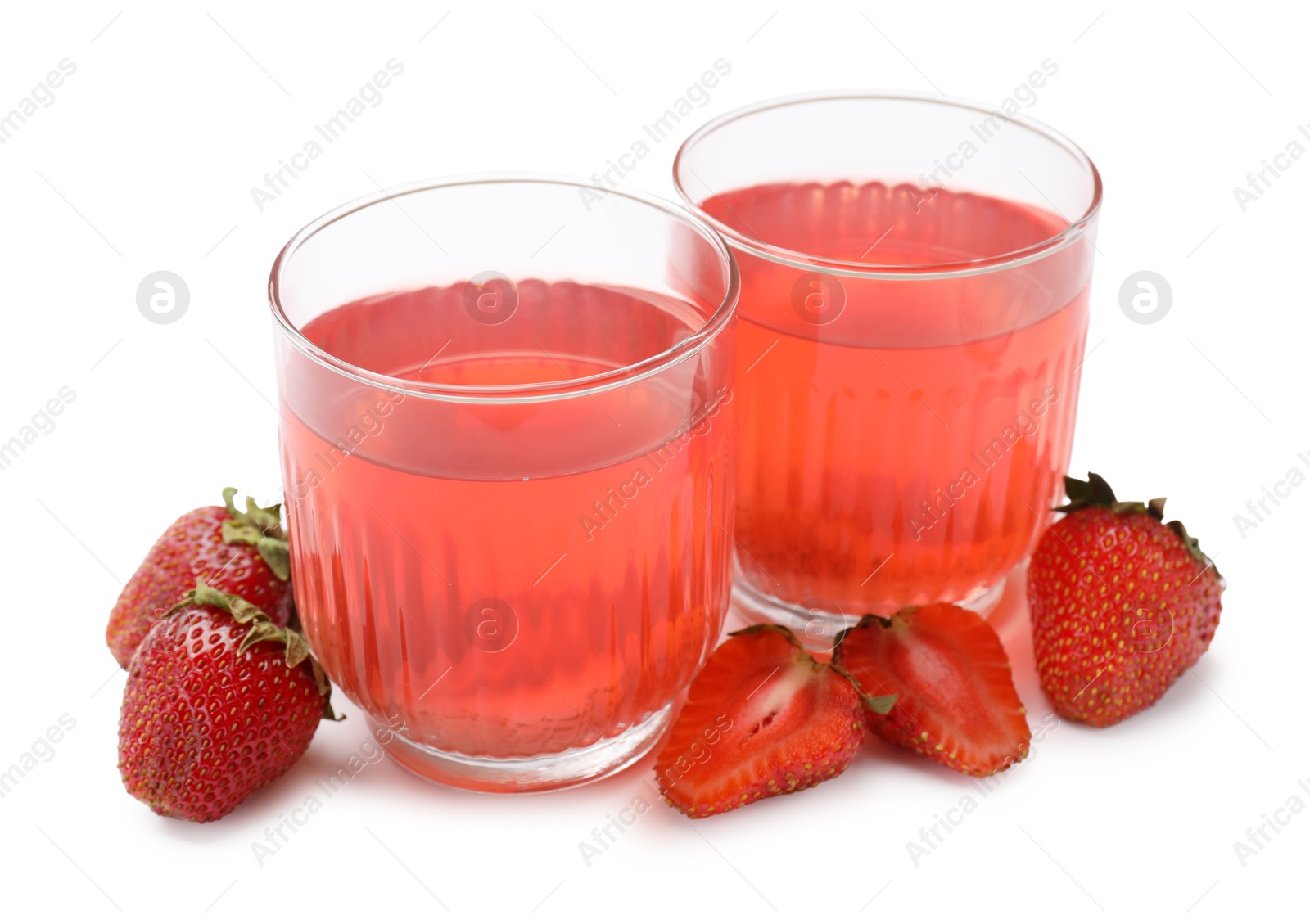 Photo of Tasty compot in glasses and fresh strawberries isolated on white