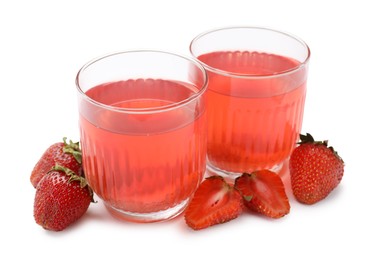Photo of Tasty compot in glasses and fresh strawberries isolated on white