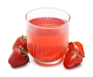 Photo of Tasty compot in glass and fresh strawberries isolated on white