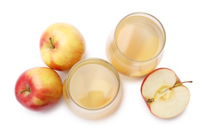 Photo of Tasty compot in glasses and fresh apples isolated on white, top view