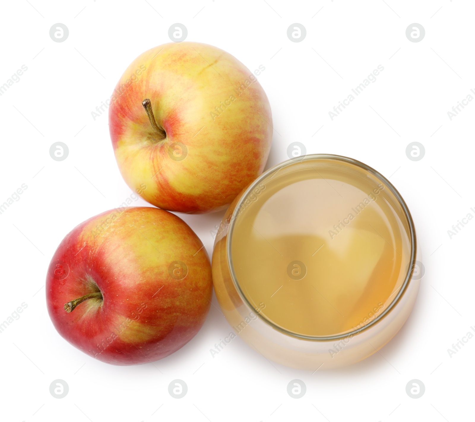Photo of Tasty compot in glass and fresh apples isolated on white, top view
