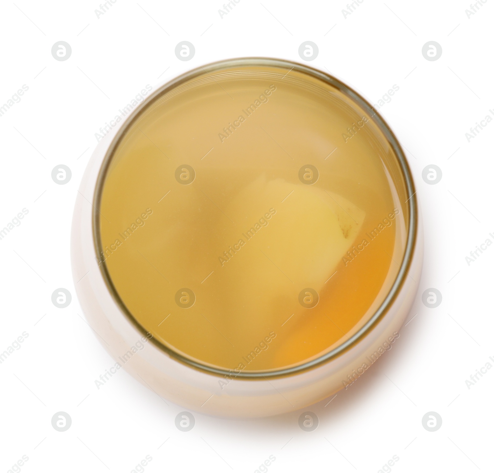 Photo of Tasty compot with fruits in glass isolated on white, top view