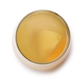 Photo of Tasty compot with fruits in glass isolated on white, top view
