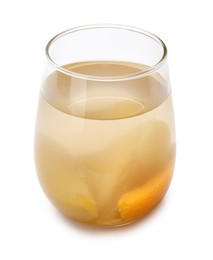 Photo of Tasty compot with fruits in glass isolated on white