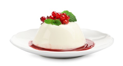 Photo of Delicious panna cotta with red currants, sauce and mint isolated on white