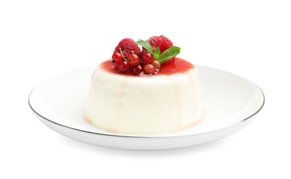Photo of Delicious panna cotta with berries, sauce and mint isolated on white