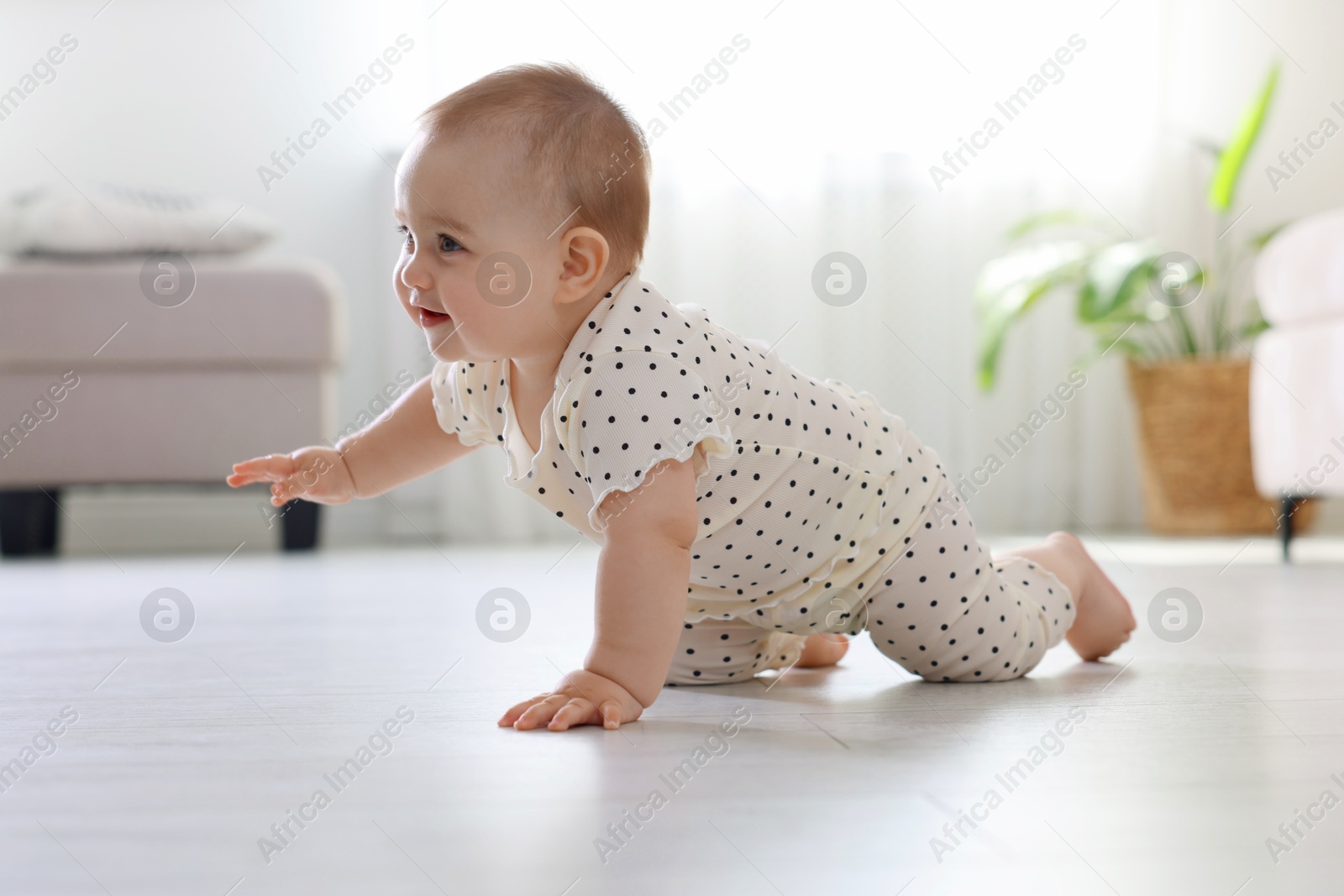 Cute little baby crawling on floor at home Photo of Cute little baby crawling on floor at home