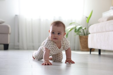 Photo of Cute little baby crawling on floor at home