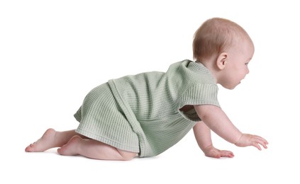 Photo of Cute little baby crawling on white background