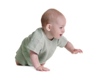Photo of Cute little baby crawling on white background